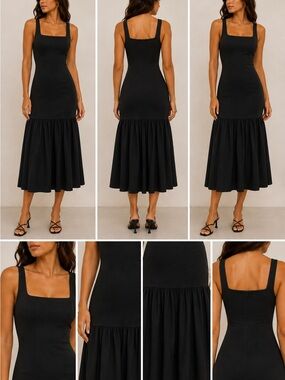 Black Drop Waist Midi Dress Square Neck Fit & Flare
